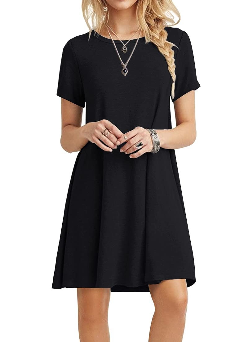 POPYOUNG 2026 Women's Summer Casual T-Shirt Dresses Crew Neck Beach Cover Up Sun Dress Medium, Black - Image 1